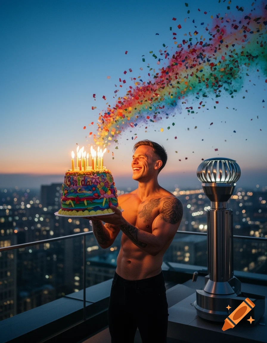 Shirtless man holds a colorful birthday cake with lit candles on a city rooftop as rainbow confetti bursts into the sky at dusk.