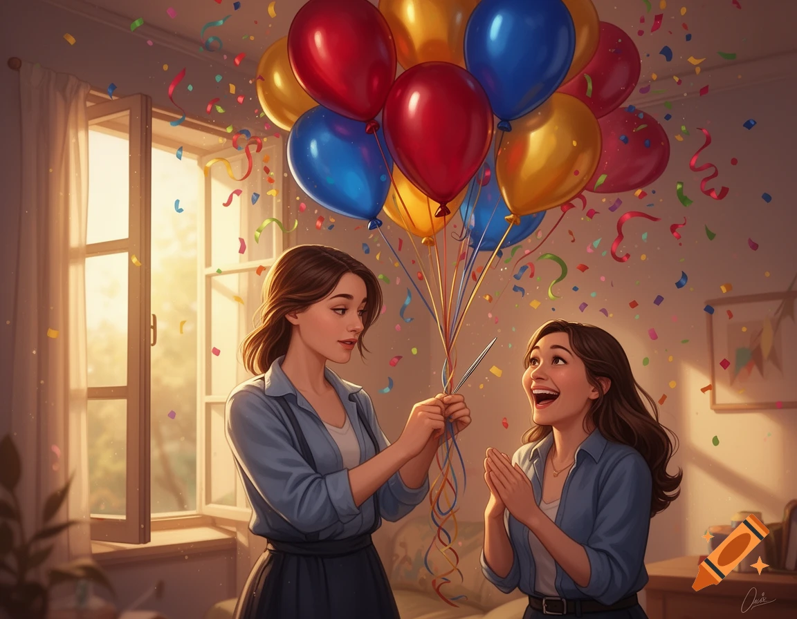 A stylized digital art image of two women surrounded by colorful balloons and falling confetti in a bright room.