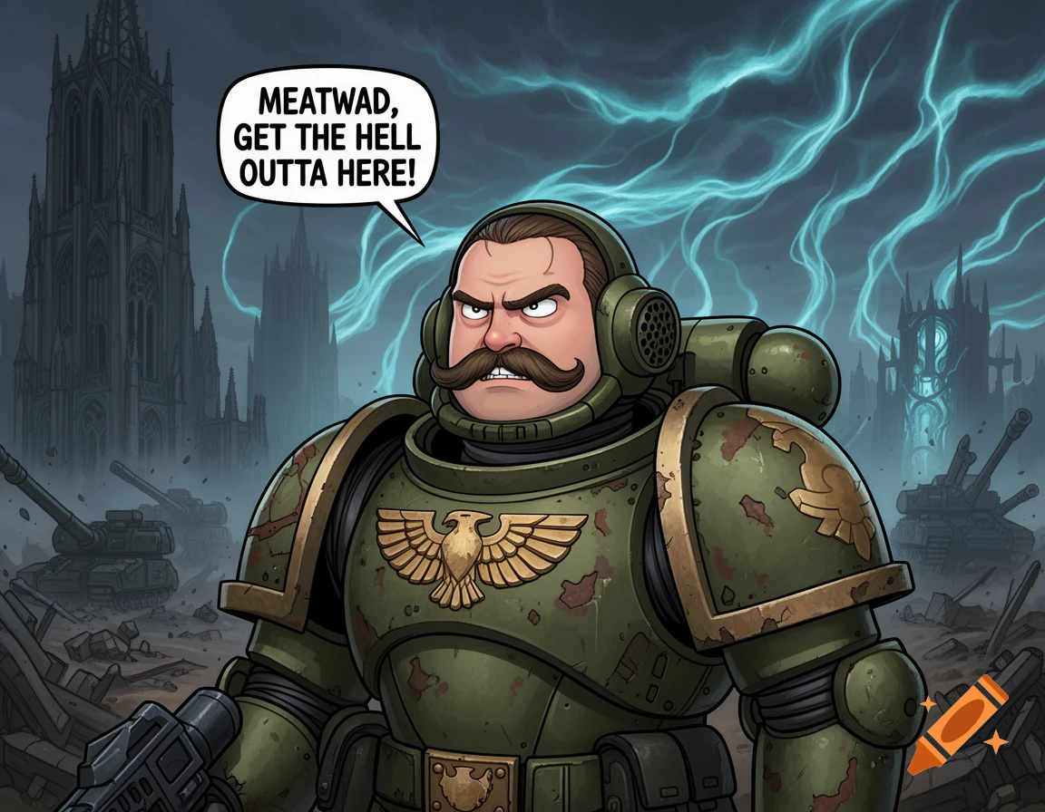 Cartoon Warhammer 40k Guardsman yelling "Meatwad, get the hell outta here!" in a war-torn gothic city.