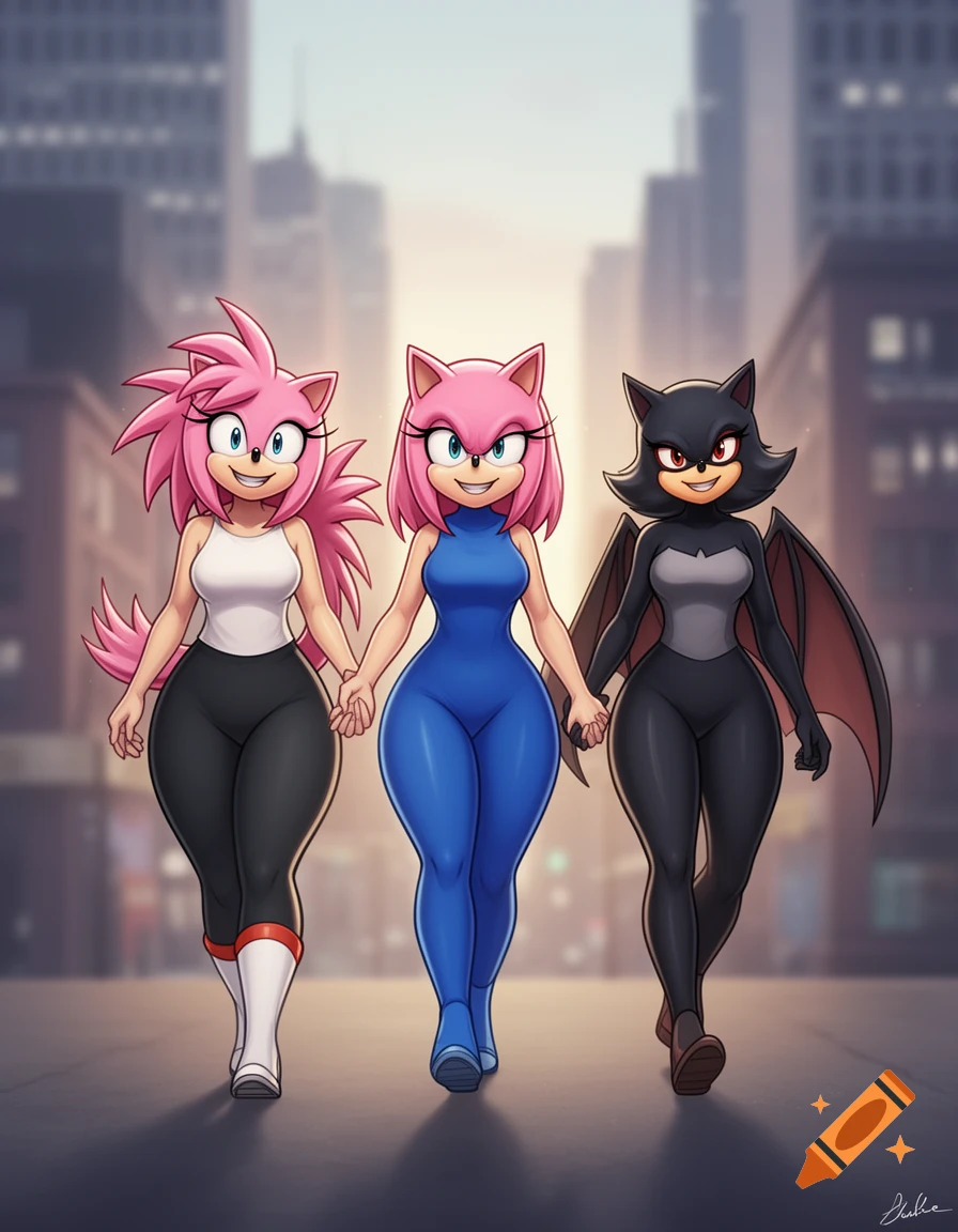 Three anthropomorphic characters resembling Amy Rose, a pink hedgehog, and Rouge the Bat, walking hand-in-hand through a blurred city street.