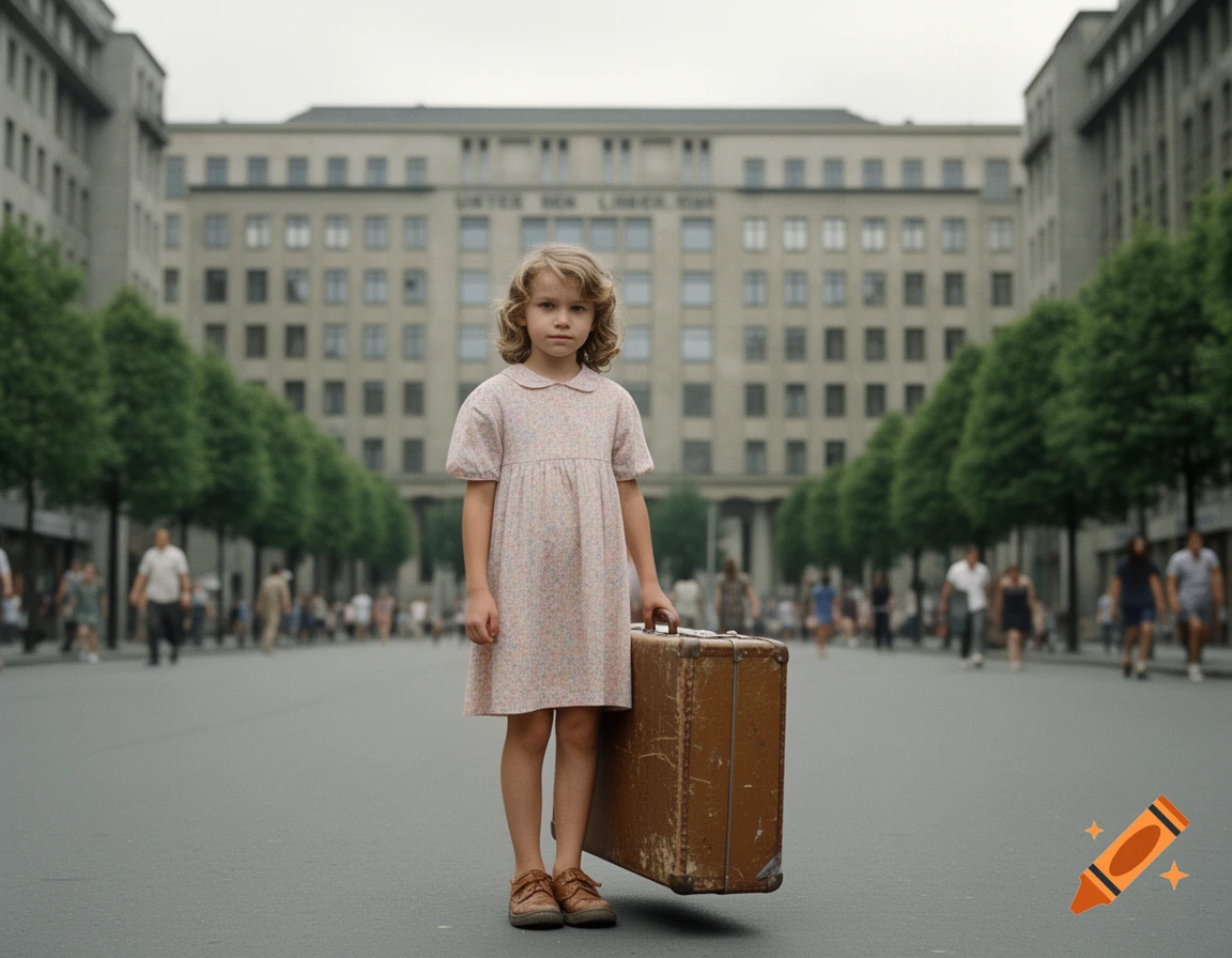 A young girl with curly hair stands in a city street, holding a vintage suitcase. Tall buildings and trees line the road. Photorealistic.