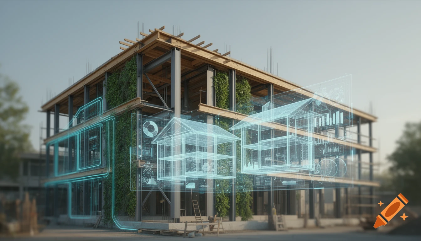 Modern sustainable building under construction with green vertical gardens and glowing blue digital architectural models and data overlays.
