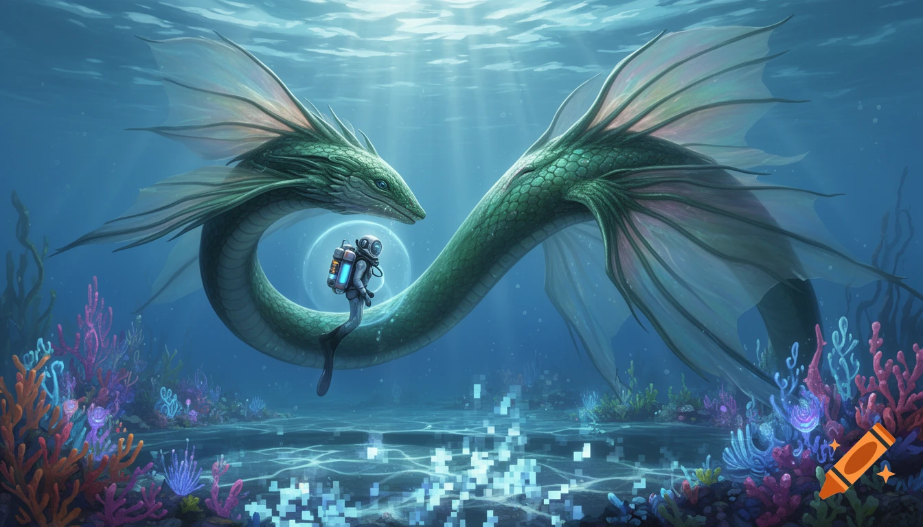 A huge green dragon-like sea creature curves around a diver in a futuristic suit in a vibrant coral reef, bathed in ocean light.