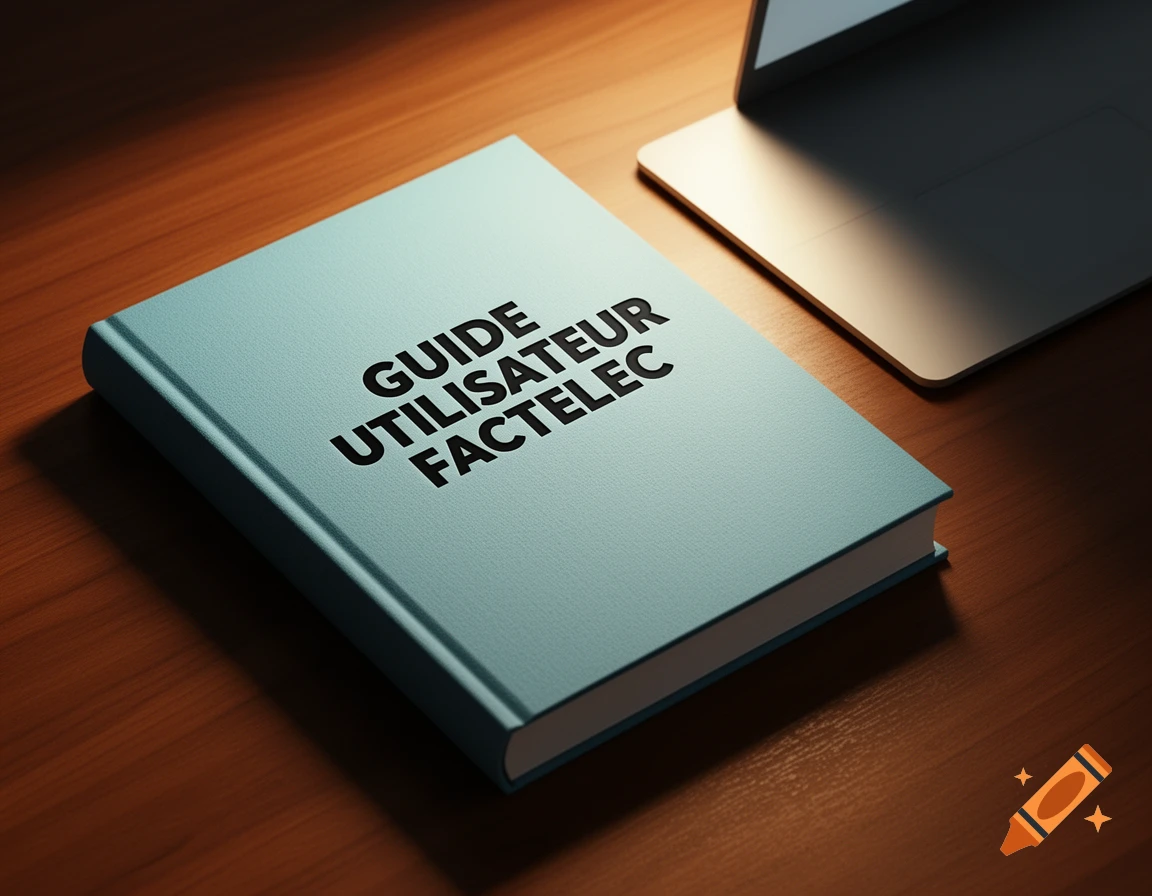 A light blue book titled "GUIDE UTILISATEUR FACTELEC" on a wooden desk next to a laptop.