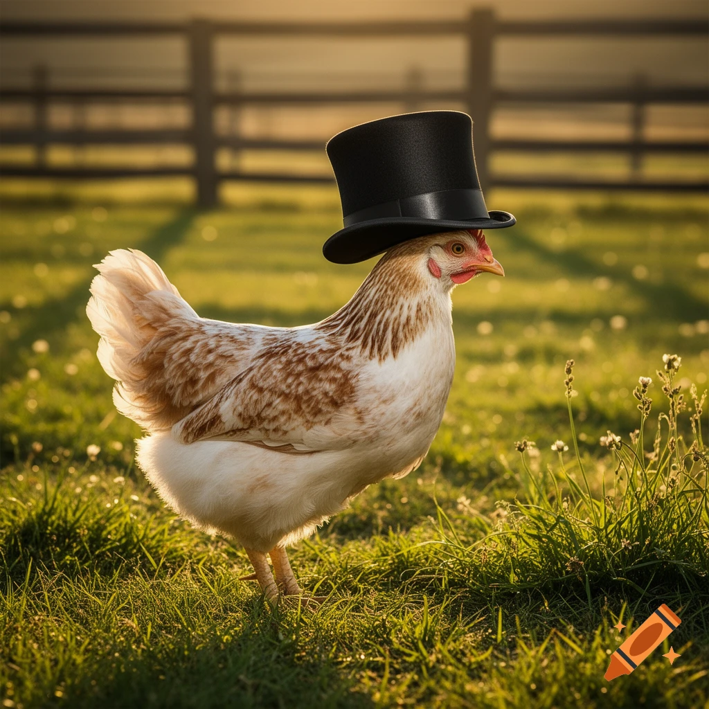 A photorealistic chicken in a black top hat stands in a sunlit grassy field with a fence in the background.