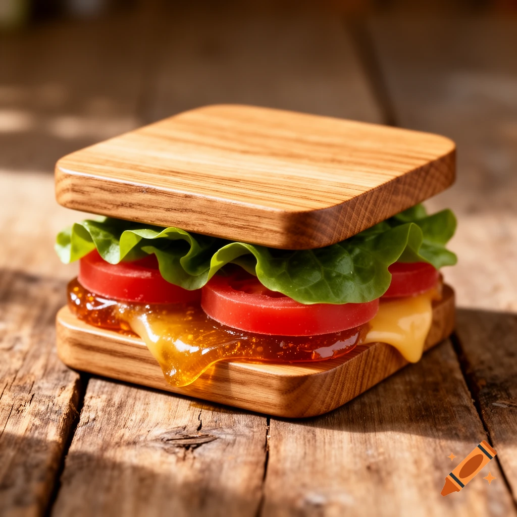 A photorealistic close-up of a sandwich with wooden slices, fresh lettuce, red tomato, melted cheese, and golden jelly, on a rustic wood table.
