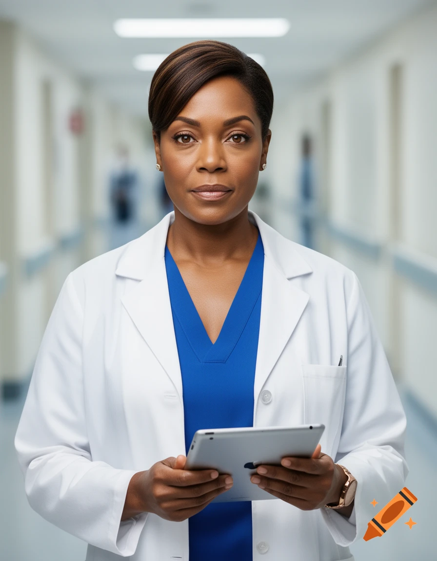 A confident African American woman doctor in a white lab coat and blue scrubs holds a tablet in a hospital hallway.