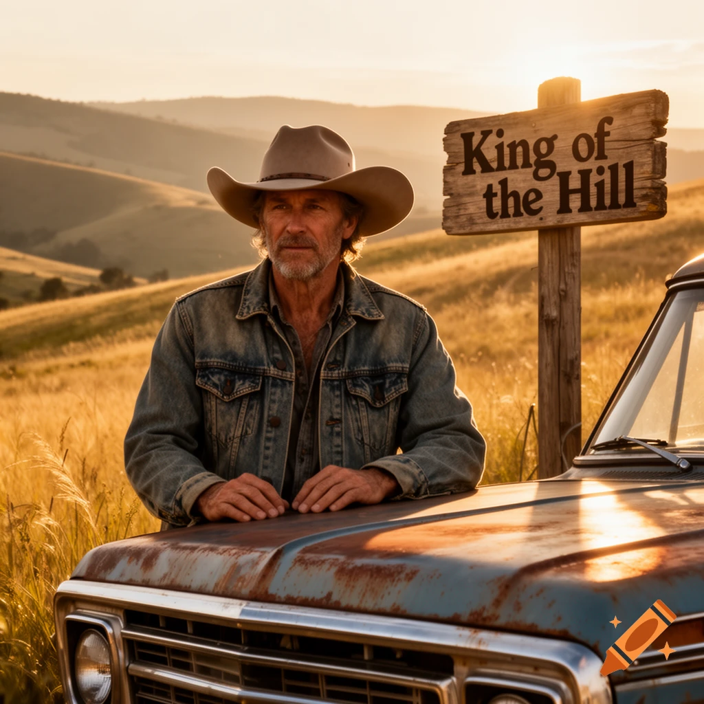 Man in cowboy hat and denim jacket leans on a rusty truck by a 'King of the Hill' sign against golden hills at sunset.