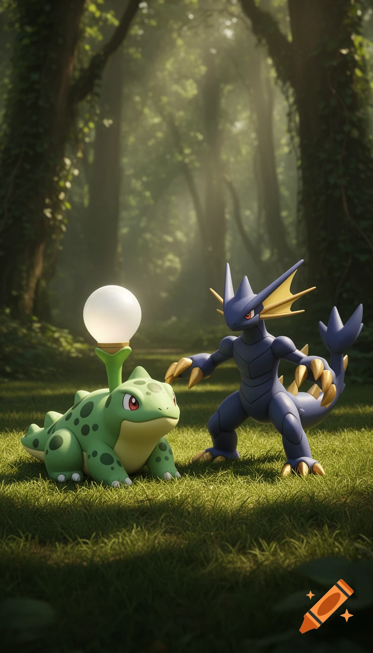A green frog-like Pokémon with a glowing bulb and a dark blue lizard-like Pokémon with gold claws stand in a sunny forest.