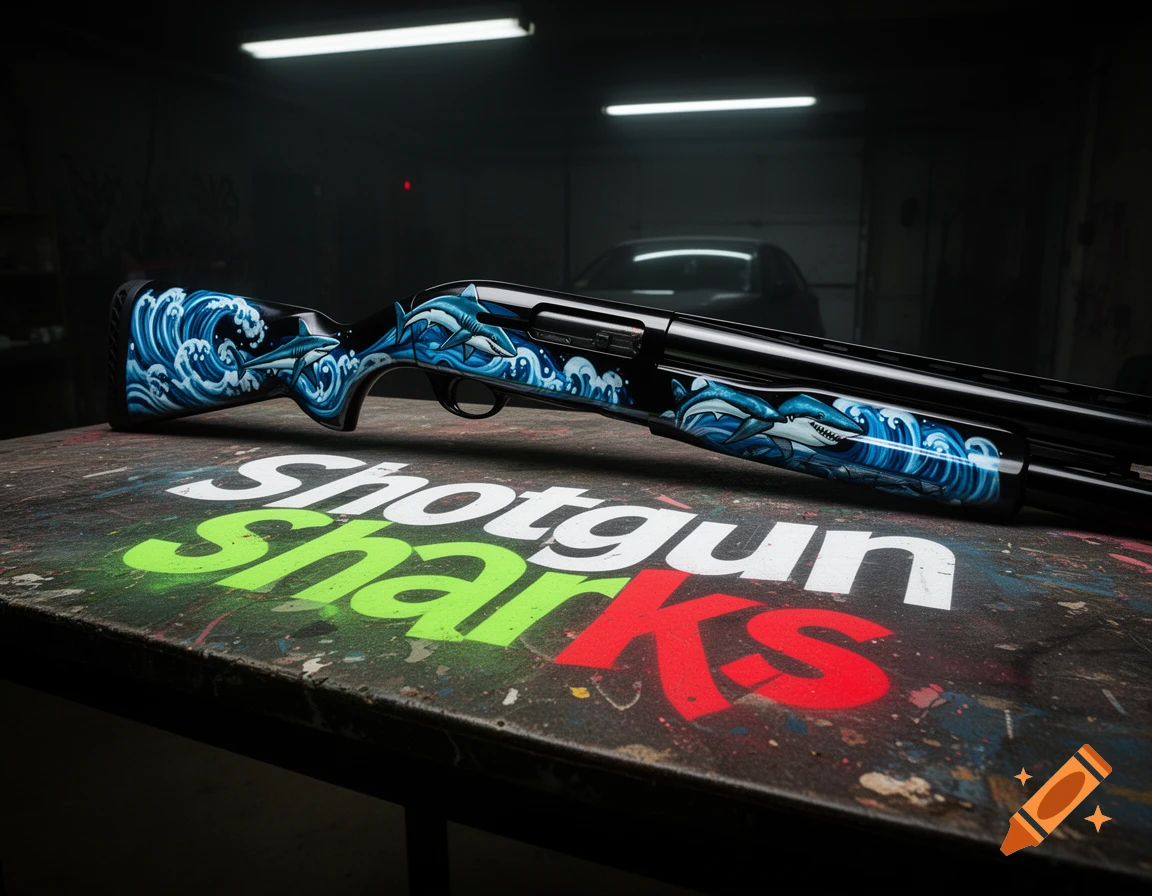 A black shotgun customized with a blue and white wave and shark pattern, resting on a table with "Shotgun Sharks" text.