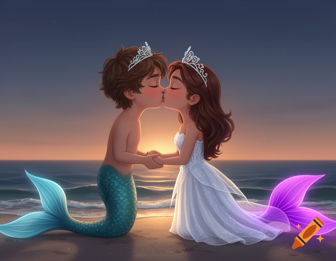 A cute 2D cartoon merboy with a teal tail and a mermaid in a white dress with a purple tail kiss on a sandy beach at dusk.