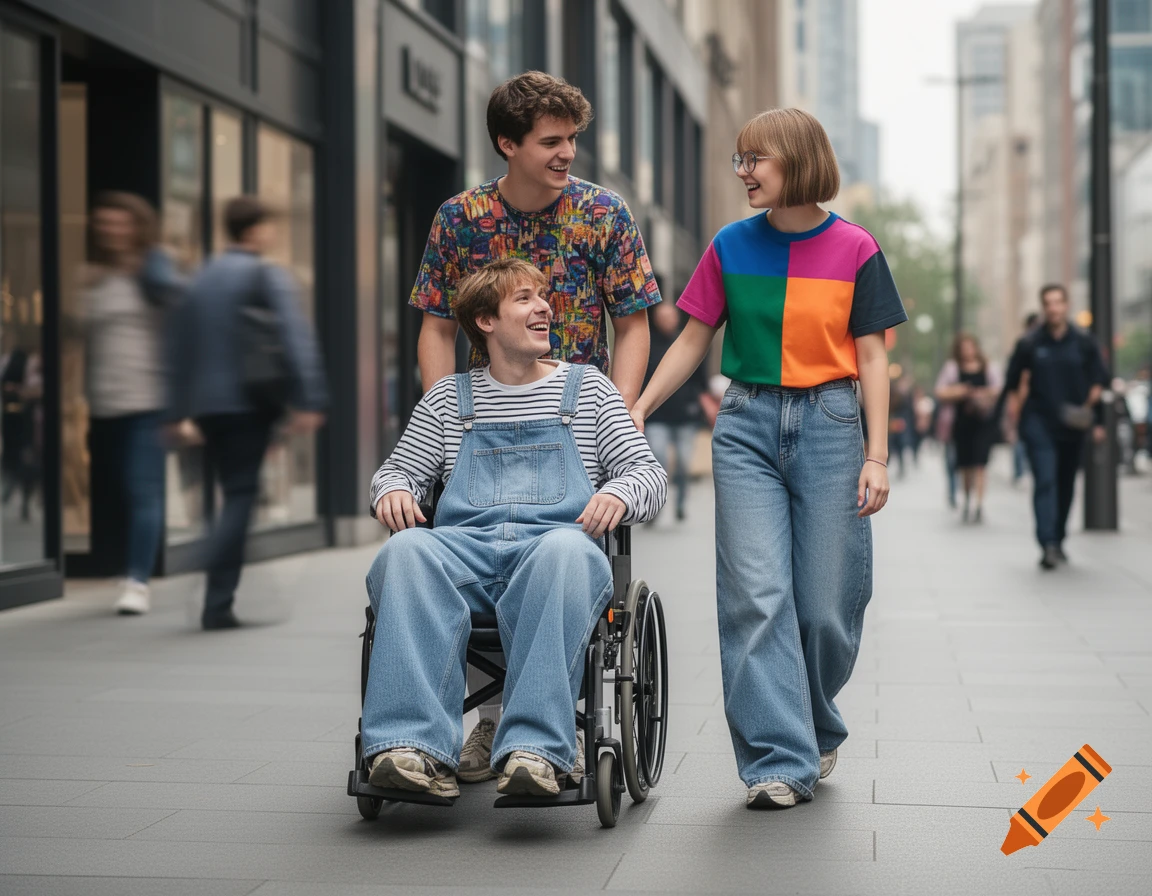 Three young adults walk on a city sidewalk; one in a wheelchair is pushed by a man, with a woman walking beside them. All are smiling and dressed in casual clothing.