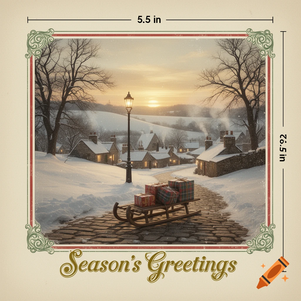 Vintage Christmas card: snowy village scene at sunset with a lamppost, a sled of presents, and 'Season's Greetings' text.