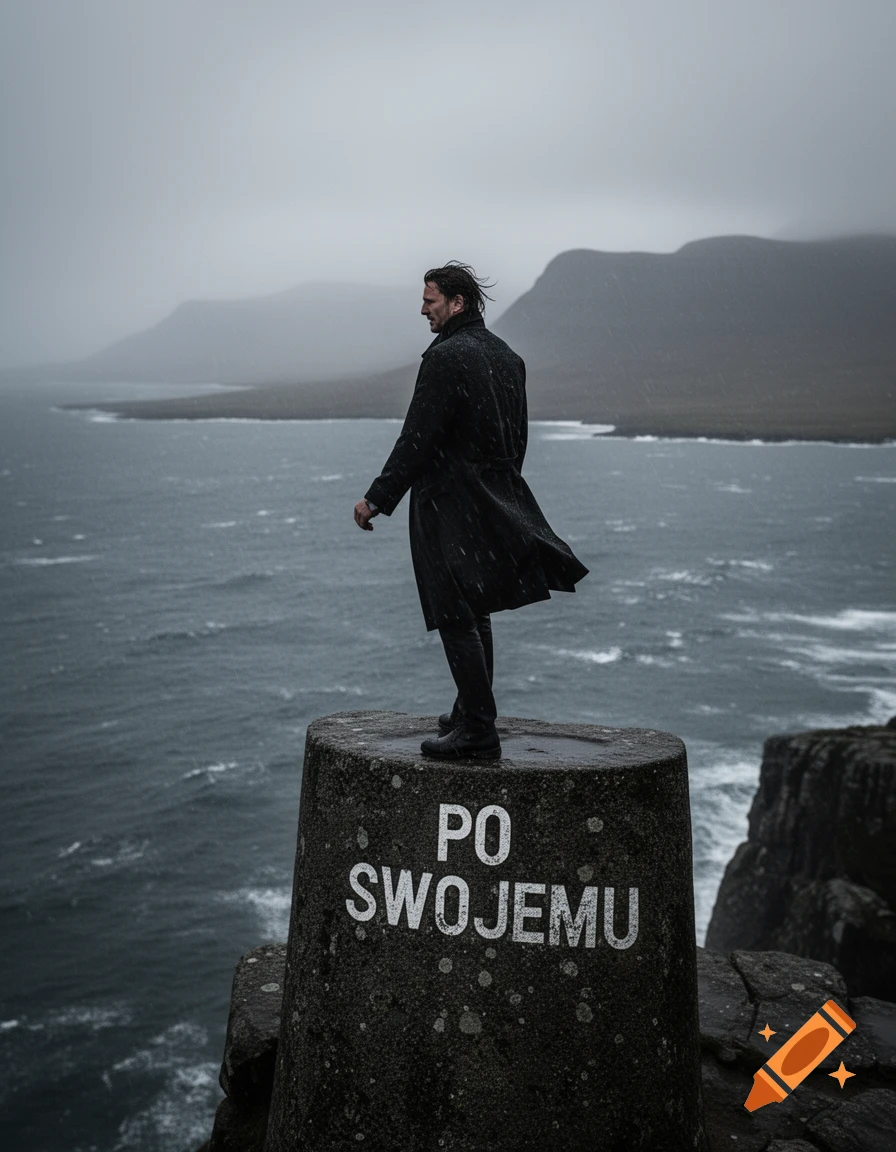 A man in a dark coat stands on a stone pillar with 'PO SWOJEMU' written on it, overlooking a stormy sea and misty mountains on a rainy day.
