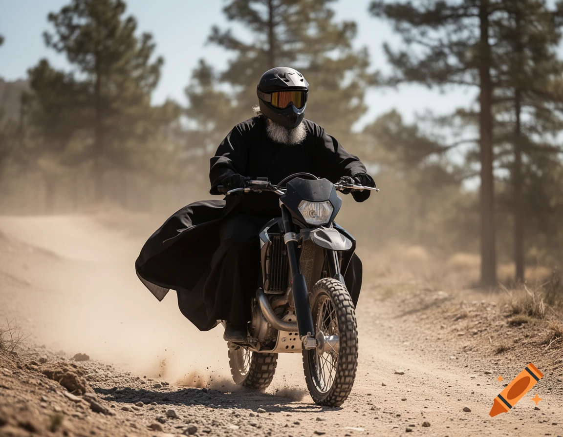 An Orthodox priest with a grey beard, wearing a black robe and helmet, rides a dirt bike on a dusty trail.