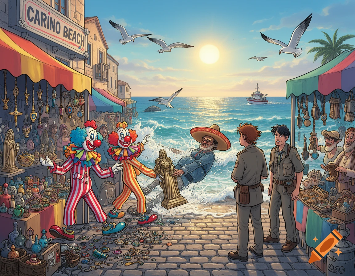Cartoon of a sunny market on Carino Beach: clowns cause commotion as a man in a sombrero falls into the ocean, watched by people.