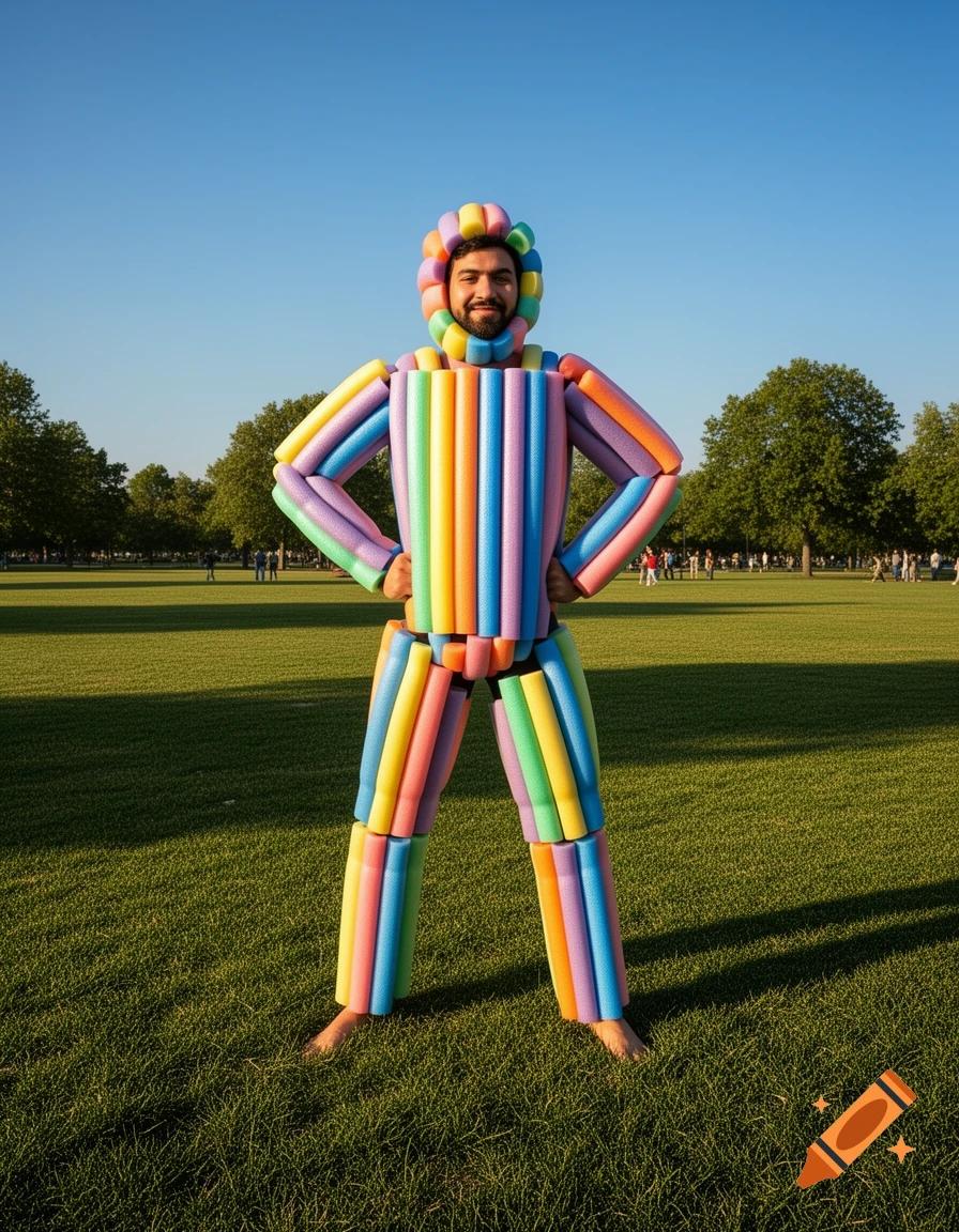 A man in a full-body segmented suit made of colorful pool noodles stands in a grassy park under a clear sky.