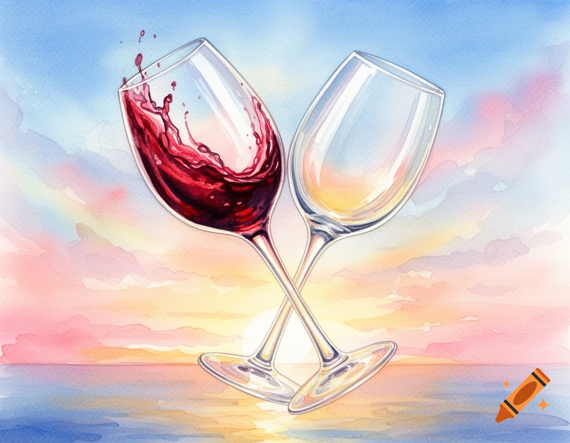 Watercolor painting of two wine glasses, one filled with red wine and one empty, crossing in front of a colorful sunset over the ocean.