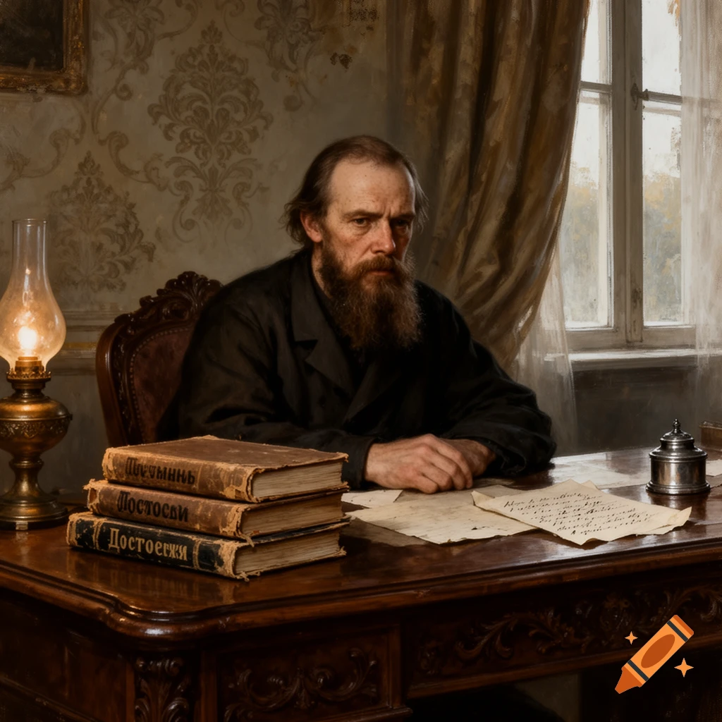 A classical portrait of a stern, bearded man, resembling Fyodor Dostoevsky, sitting at a wooden desk with books and papers, illuminated by an oil lamp.