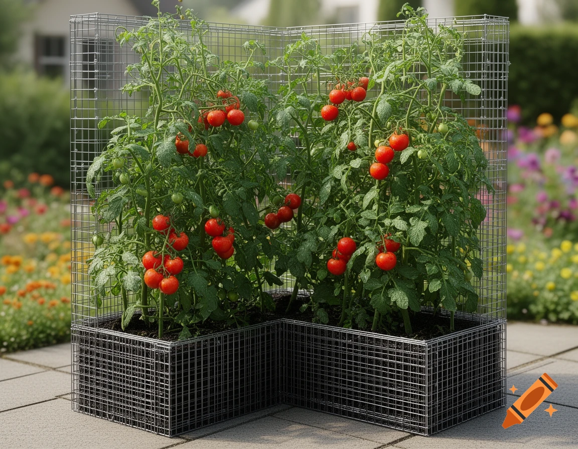 Photorealistic image of vibrant red tomato plants growing in a corner-shaped wire mesh raised garden bed on a patio.