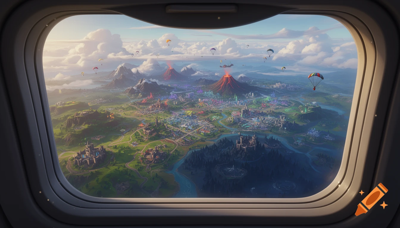 Stylized fantasy landscape with colorful cities, volcanoes, and castles viewed from an airplane window, with parachuters.