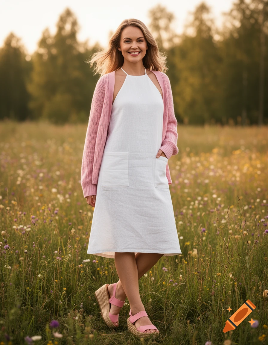 A smiling woman in a white linen dress, pink cardigan, and pink espadrille sandals stands in a field of wildflowers.