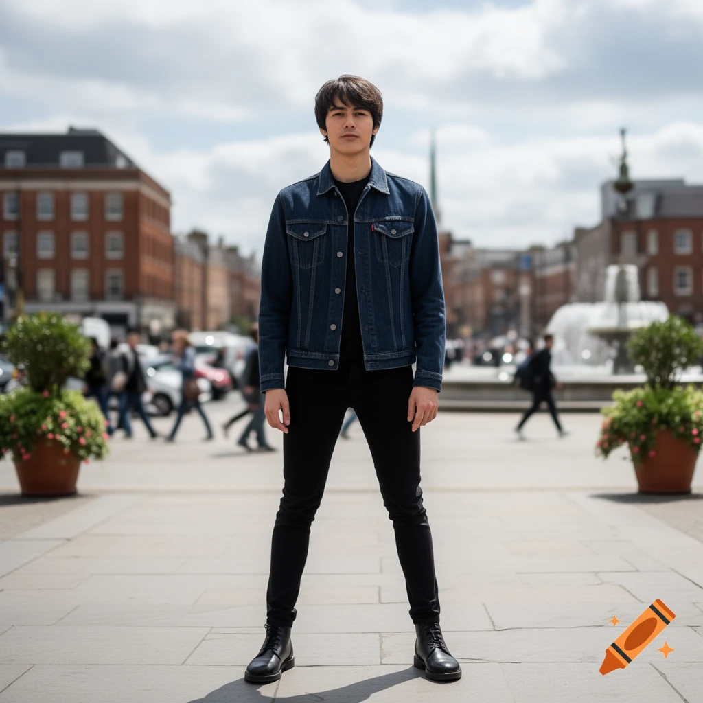 A young man in a denim jacket and black pants stands with legs apart in a city square, looking at the viewer. Blurred people and buildings are in the background.