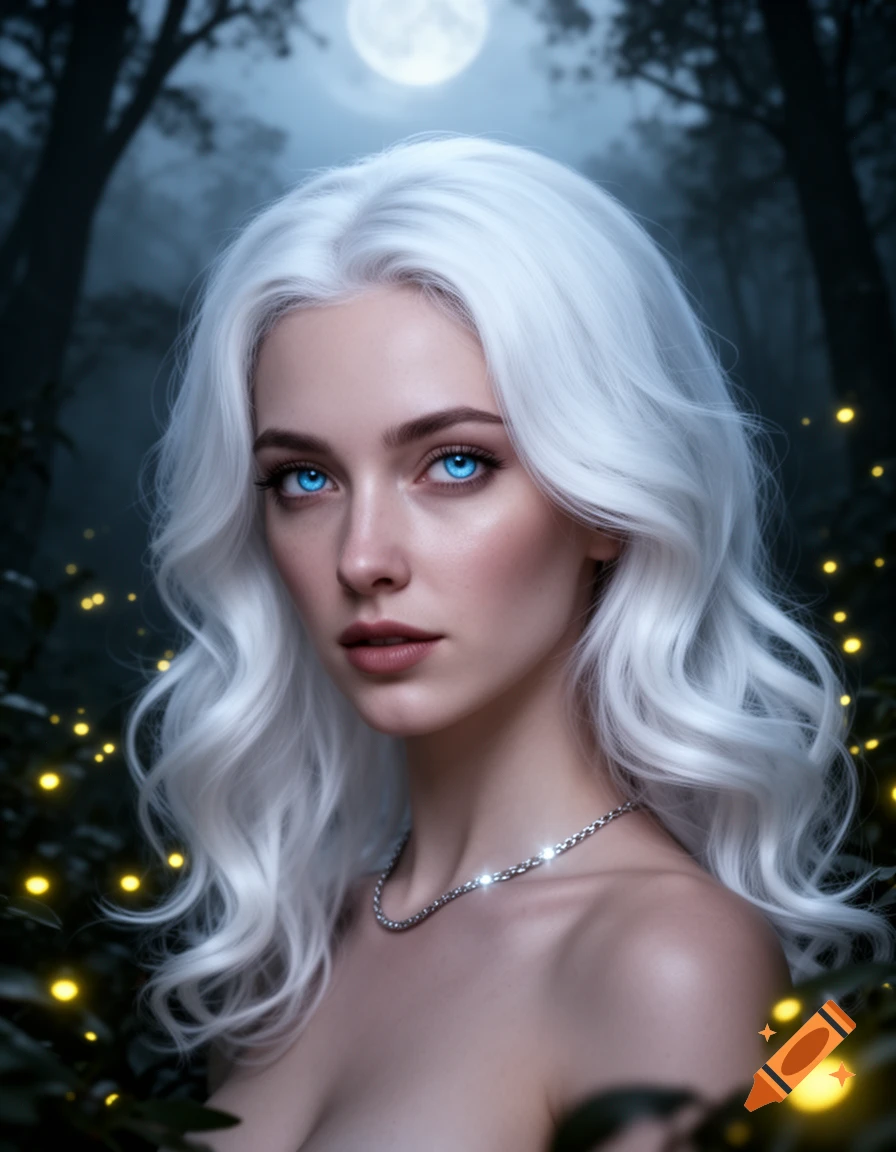 Close-up portrait of a white-haired woman with striking blue eyes, in a mystical forest under a full moon.