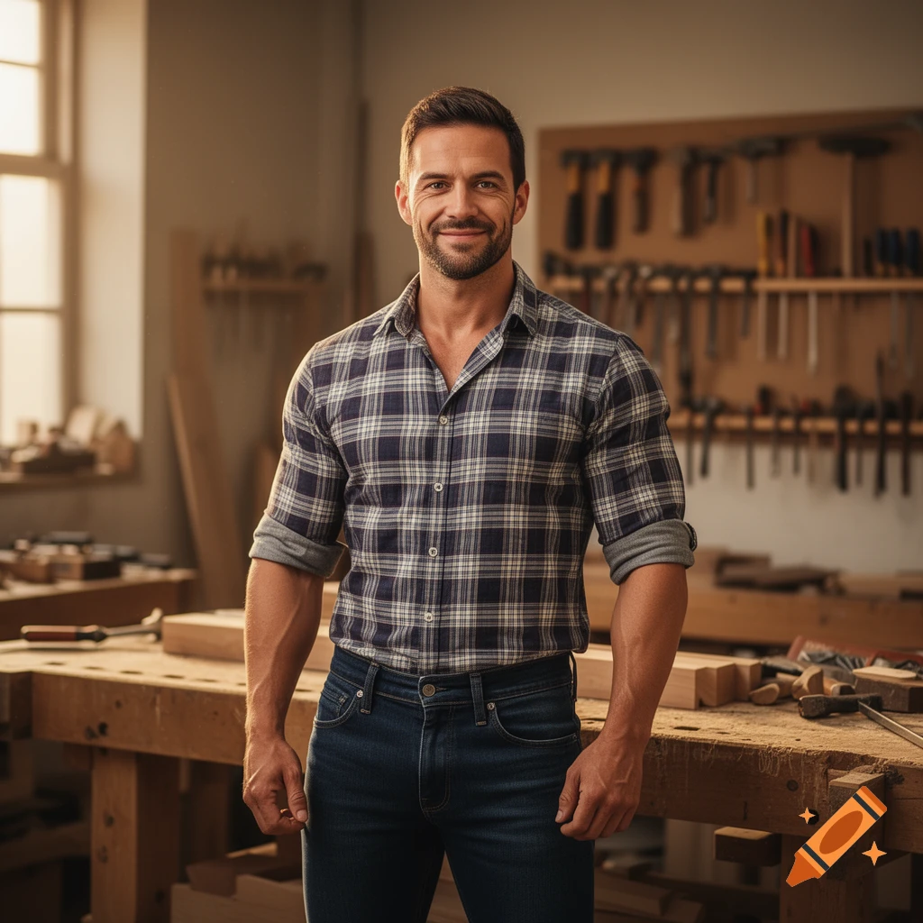 Smiling muscular craftsman in a plaid shirt and jeans standing in a well-lit woodworking workshop.
