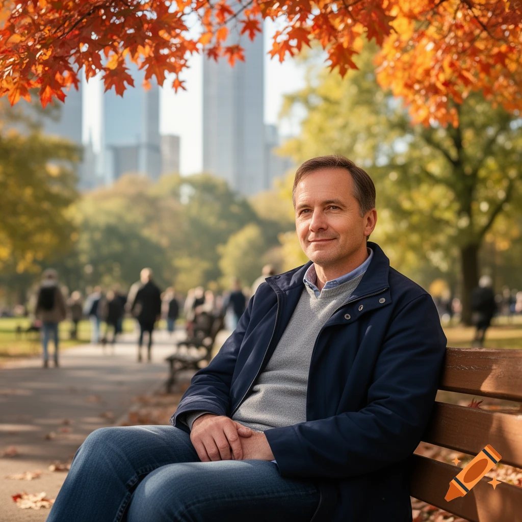 A smiling man sits on a park bench under autumn leaves, with city buildings and people in the blurred background.