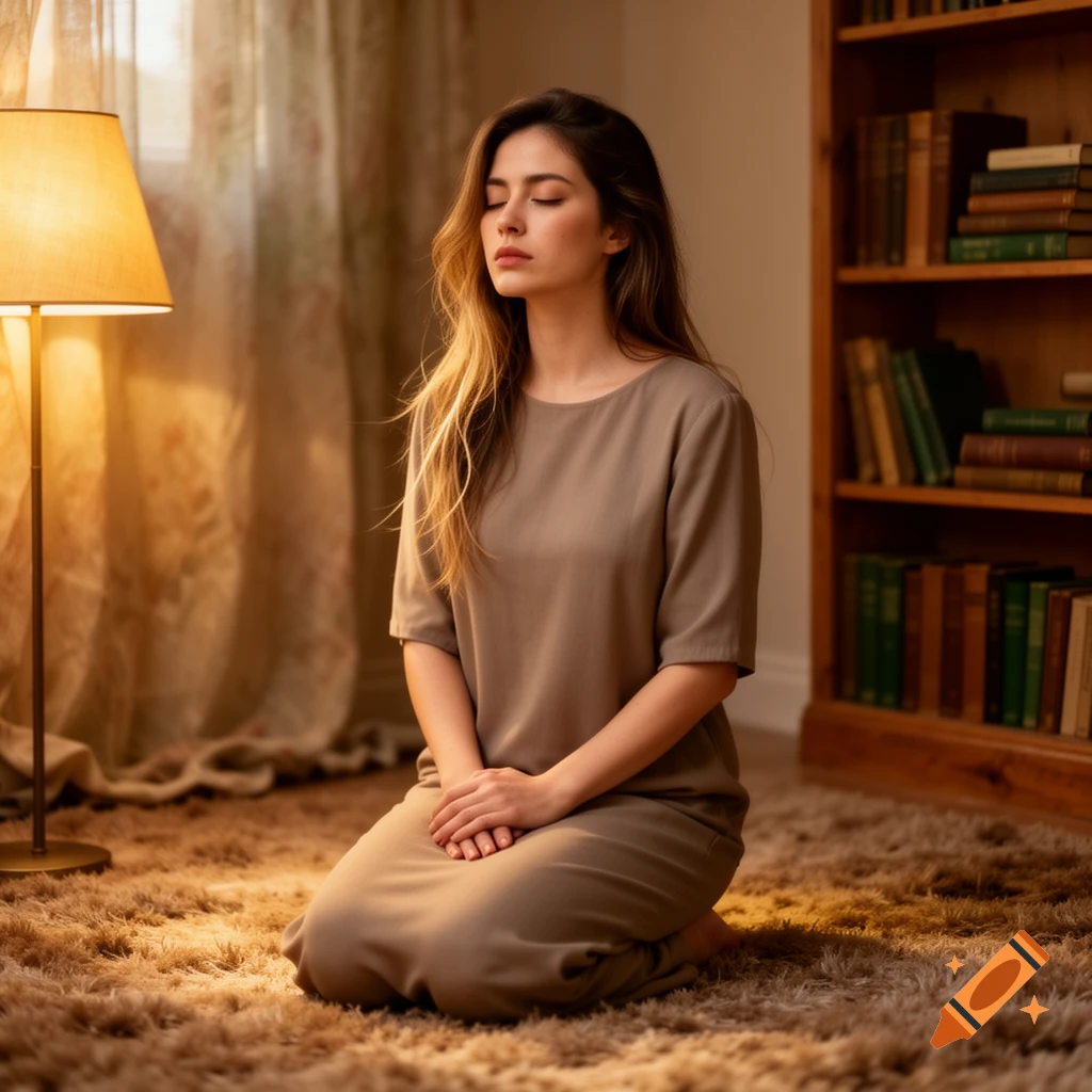 A woman with eyes closed kneels on a brown shag rug in a sunlit room, with a lit floor lamp and a bookshelf filled with books.