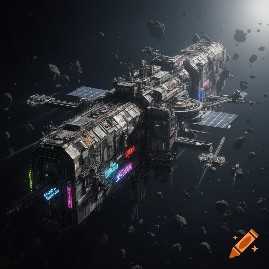 A detailed, grimy space station with neon signs and solar panels, surrounded by asteroids in dark space, inspired by The Expanse.