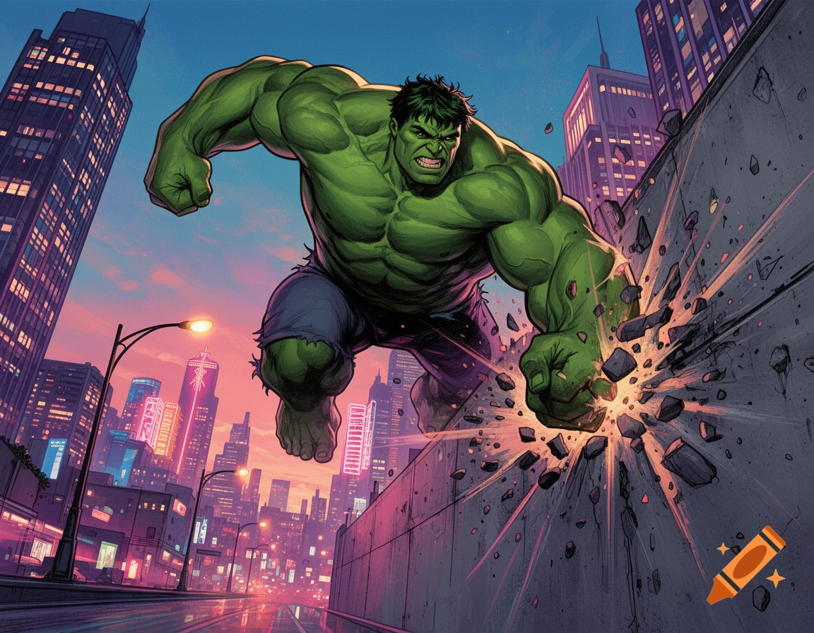 The Hulk, a large green superhero, punches a concrete wall in a city at sunset, debris flying in a dynamic comic art style.