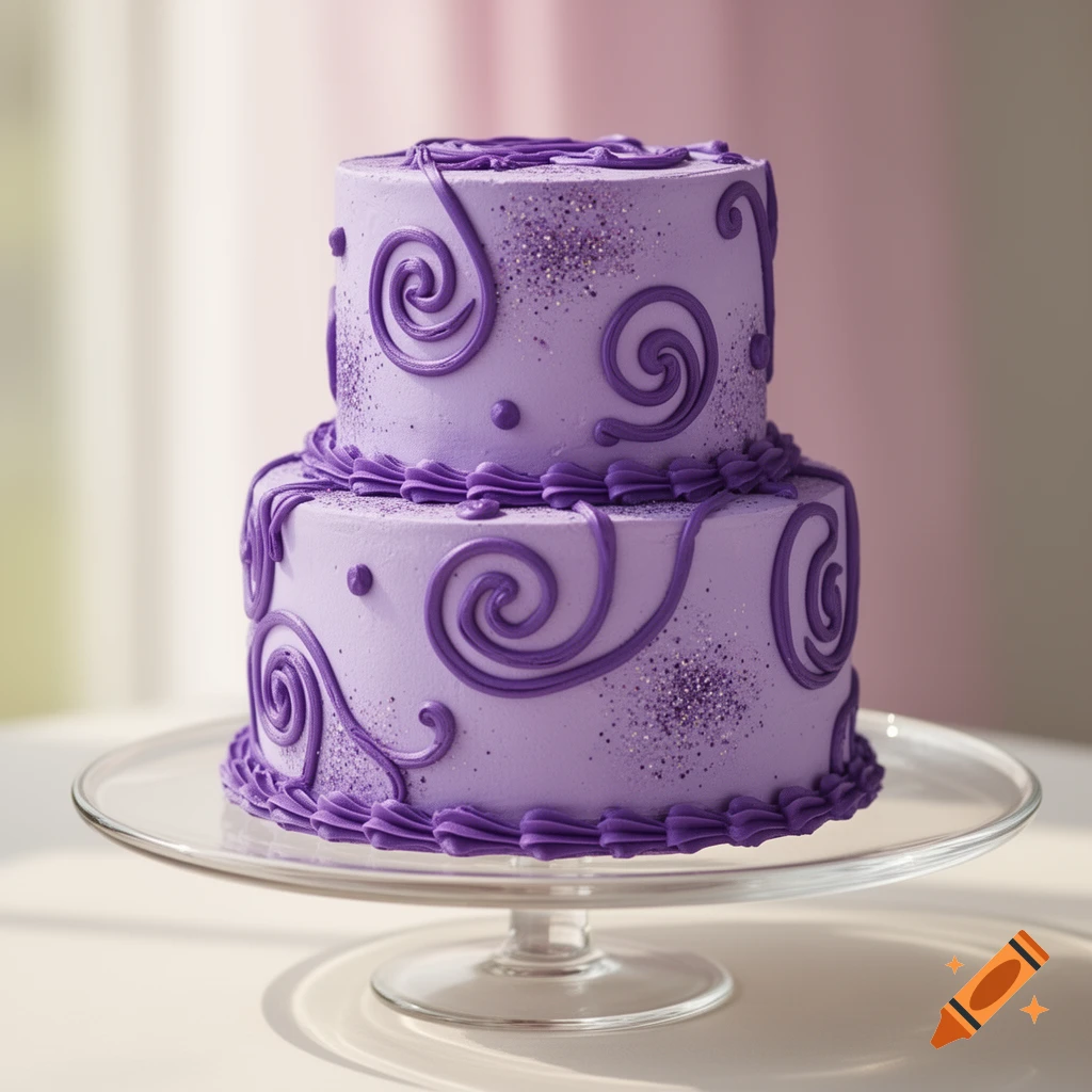Two-tiered lavender and purple birthday cake with frosting swirls and glitter on a glass cake stand.