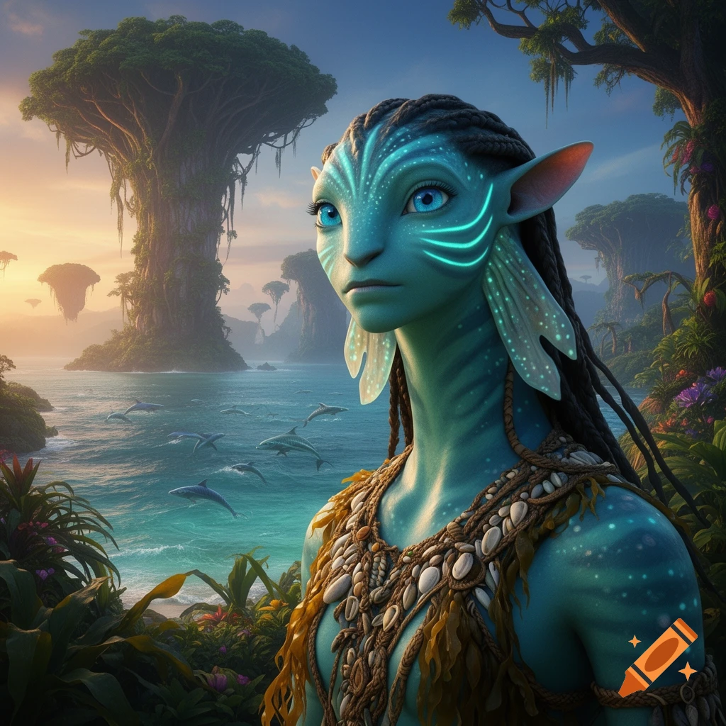 A blue-skinned Metkayina woman with glowing markings stands by a tropical ocean with dolphins and large, exotic trees in the background at sunset, photorealistic.