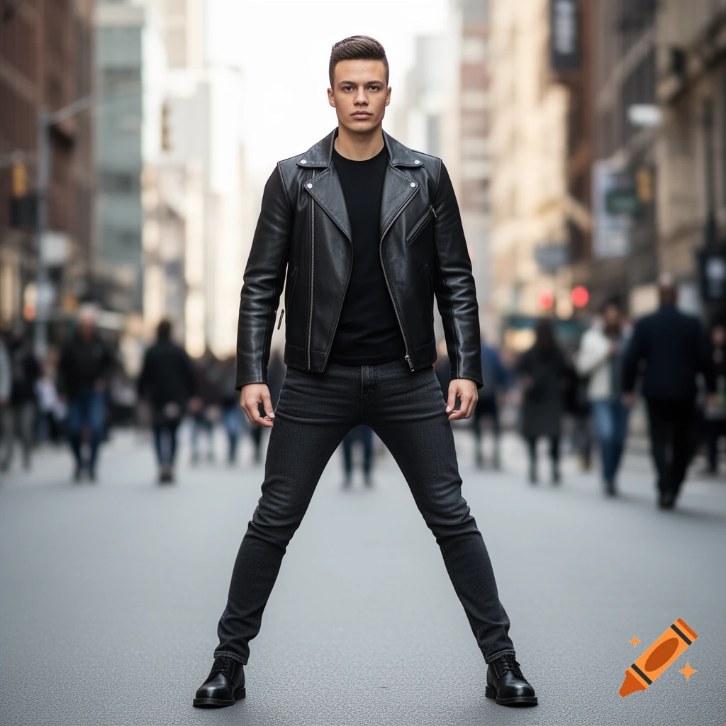 A man in a black leather jacket and dark jeans stands with legs spread wide in a blurry city street. Photorealistic style.