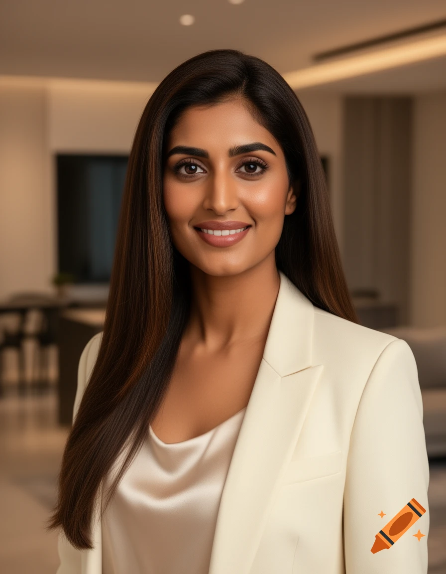 A photorealistic portrait of an elegant woman with long dark hair, wearing a cream blazer and smiling in a modern, softly lit interior.