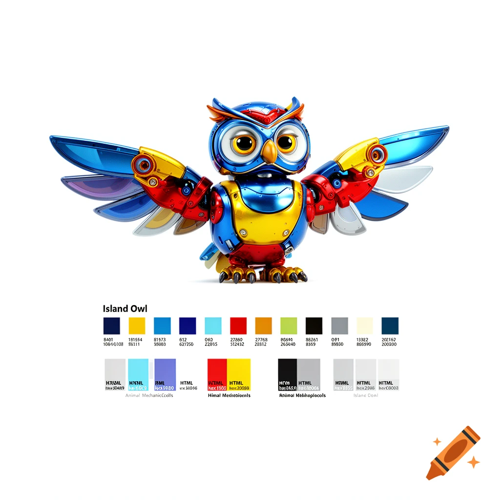 A colorful, blue, red, and yellow robotic owl stands on a white background with a color palette and text beneath it.