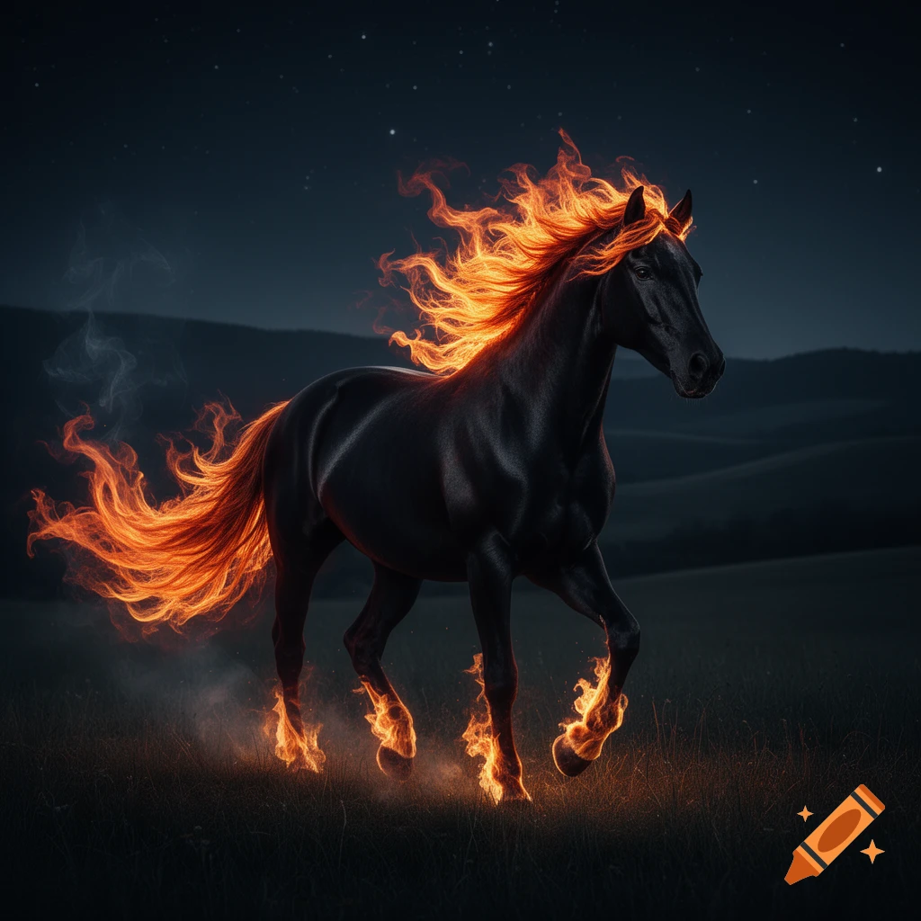 A black horse with a flowing mane and tail of bright orange fire gallops across a dark field under a starry night.