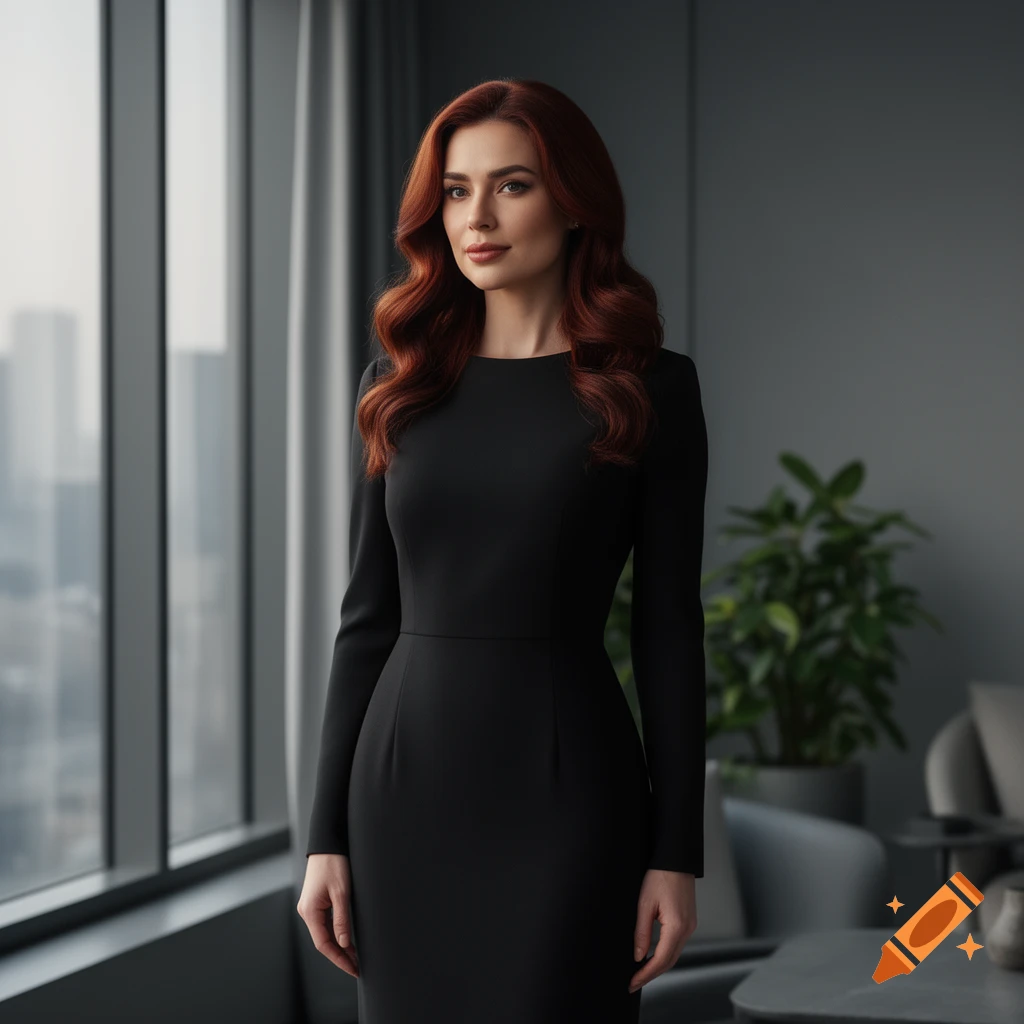 A photorealistic portrait of a woman with wavy red hair in a black dress, standing in a modern office with large windows.