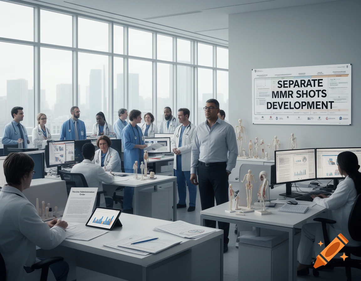 A bustling medical research office with doctors and scientists working at desks, computers, and discussing. A large screen displays "SEPARATE MMR SHOTS DEVELOPMENT" and skeletal models are on display, with a city skyline visible through large windows.