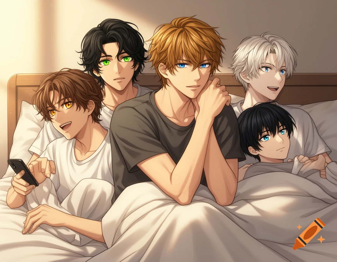 Five anime-style young men with diverse hair and eye colors relax on a bed, one holding a phone, in a warm-toned room.