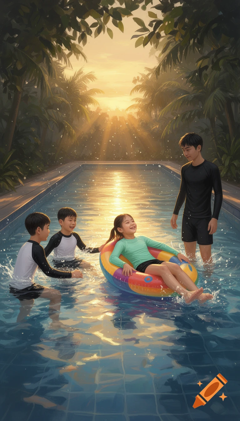Four children play in a sunlit swimming pool surrounded by tropical trees at sunset, with one girl on a colorful float.