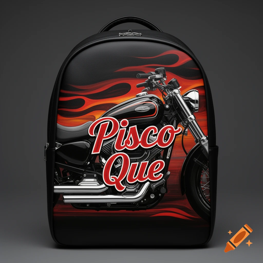 A black leather backpack featuring a detailed graphic of a classic black motorcycle with red flames and the text "Pisco Que" in script.