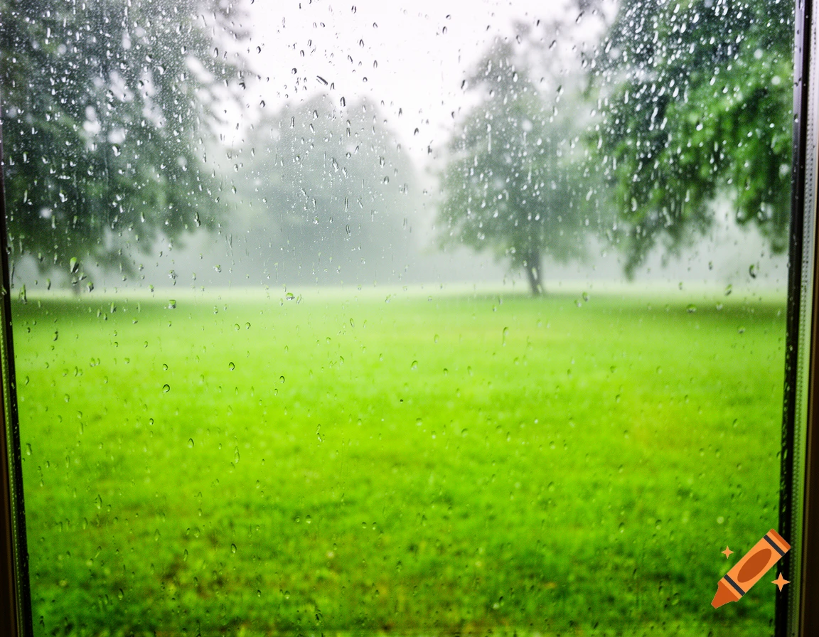 Raindrops cling to a window pane overlooking a bright green field and blurred trees on a summer day.