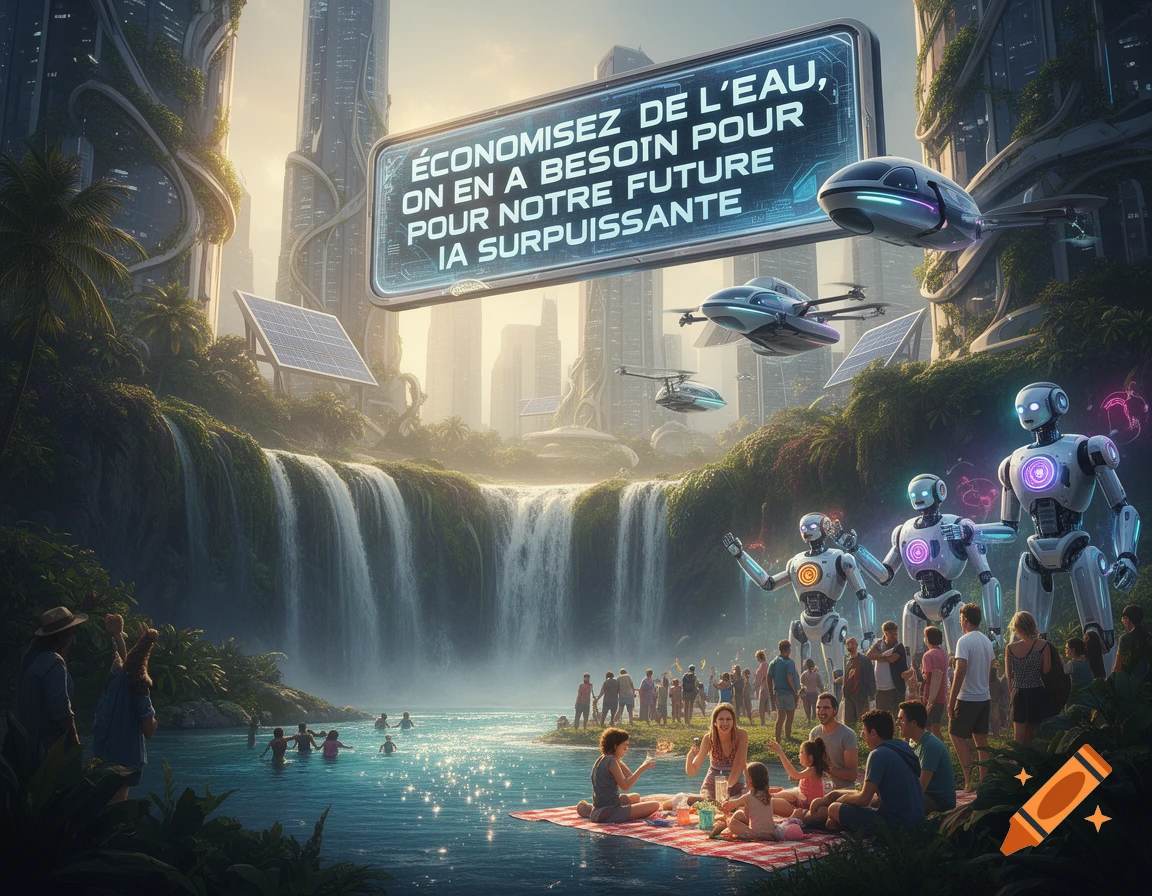 Vibrant futuristic city with people, robots, and waterfalls. A large screen reads "Save water, we need it for our powerful future AI".