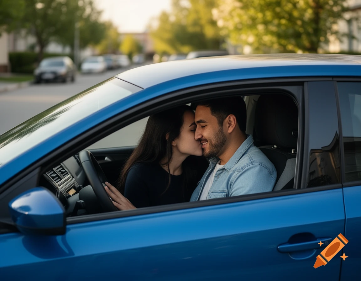 A woman leans over to kiss a man on the cheek while sitting in the driver's seat of a blue car, looking photorealistic.