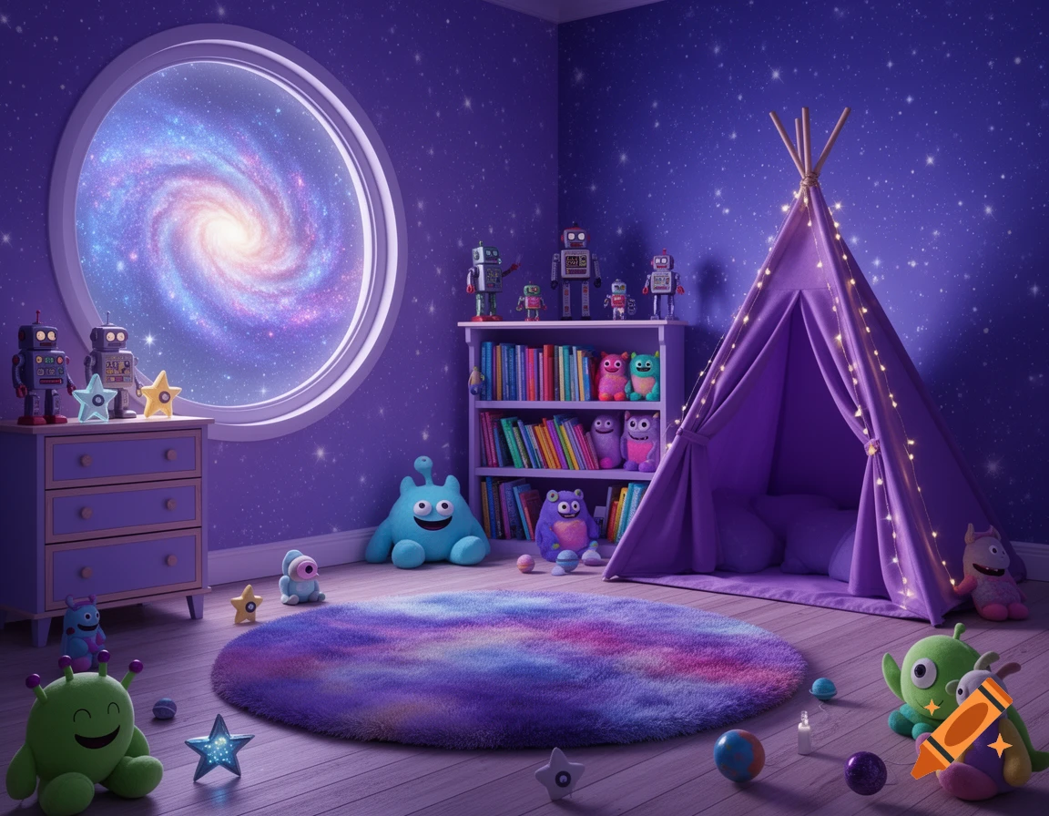 Whimsical child's space-themed bedroom with a galaxy window, purple teepee, colorful rug, robots, and alien plush toys.