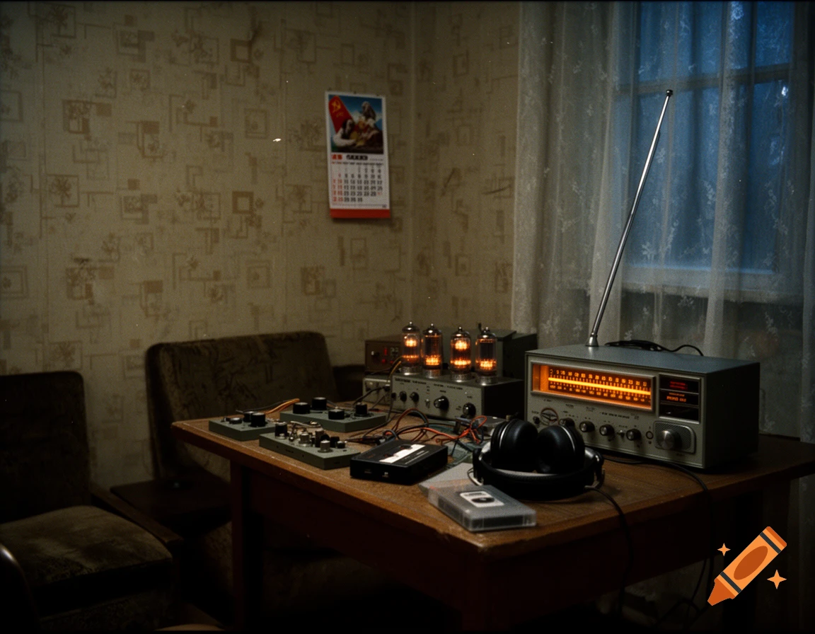 A dim, vintage Soviet apartment room with a table covered in glowing shortwave radio equipment, headphones, and cassette tapes next to a window.