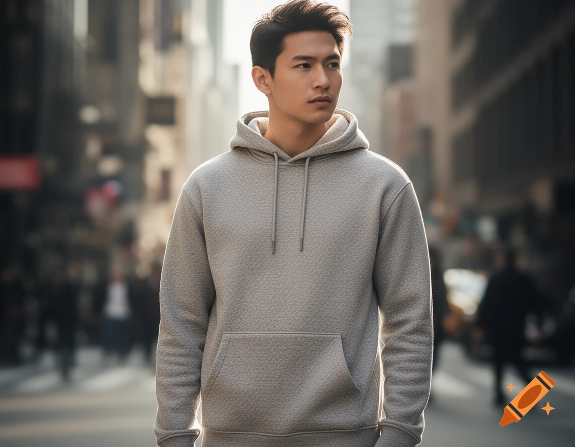 Photorealistic portrait of a young man in a grey hoodie standing on a city street.
